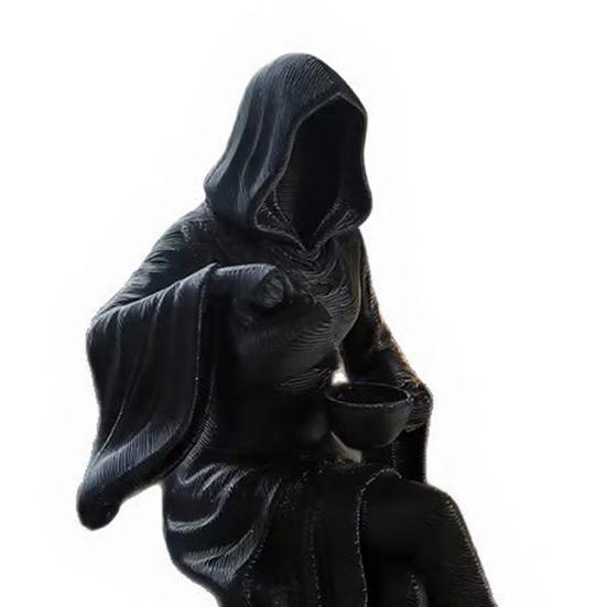 Black Hooded Robe Woman Statue Female Grim Reaper Pour Tea Figurine Mysterious Sculpture for Gothic Home Office Desk Shelf Decor