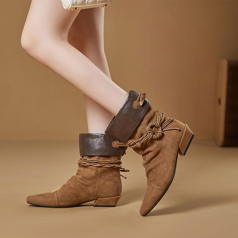 Neue Damen Cowboy Stiefel Spitz Zehenbereich Plissierte Damen Stiefeletten Übergröße Vintage Motorradstiefel Damen