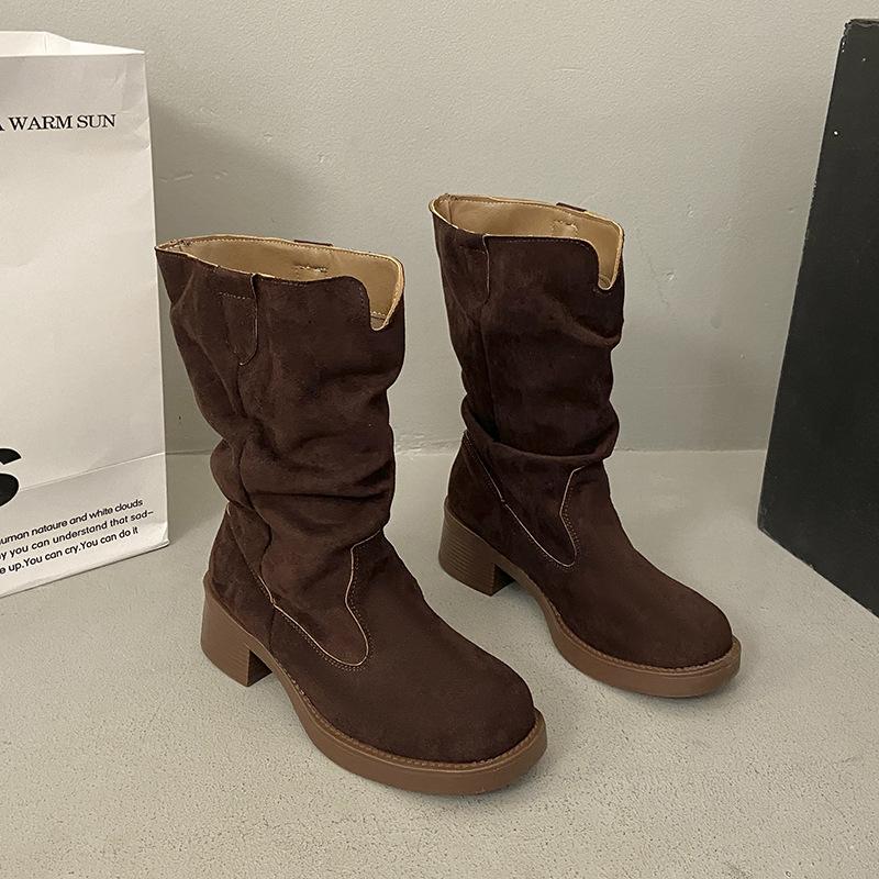 

Ретро ковбойские сапоги на толстом каблуке женские 2025 осень и зима новые с большим обхватом голенища тонкие на толстой подошве сапоги-чулки ботинки Мартин 40