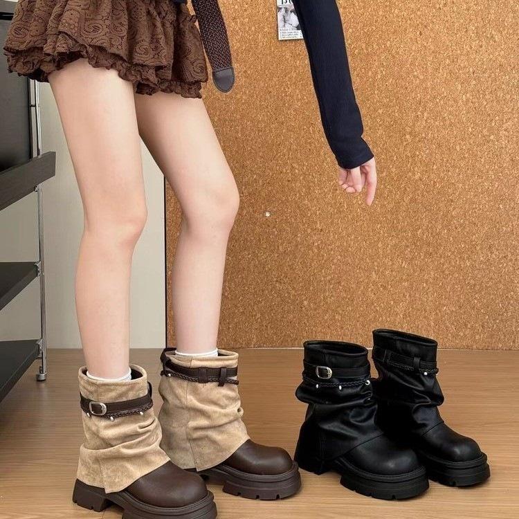 Sleeve Versatile Black Design Short Boots Women's Autumn Belt Buckle Martin Boots Fashion Enhances Thick Bottom