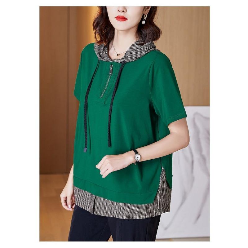 Pure Cotton Large Size Women's Short-sleeved Summer High-end Loose Hooded Cotton Top