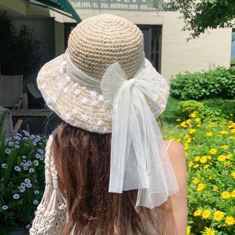 Women's Summer Hat Lace Ribbon Bow Flower Beads Big Brim Sunscreen Bucket Hat Sunshade Beach Accessories Sunhat New