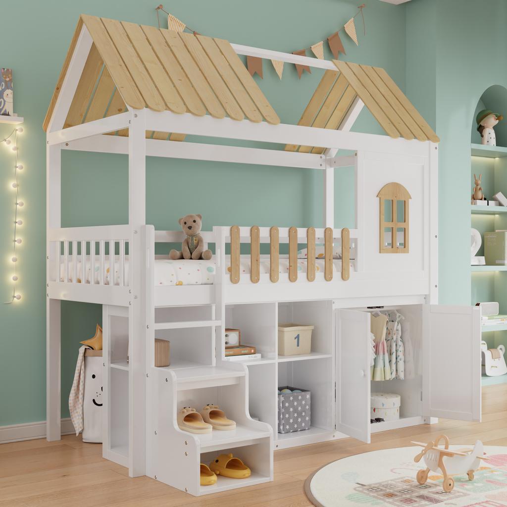 Paturi supraetajate, Spațiu de depozitare generos, Dulap, Fereastră, Cadru din pin, Dulap pentru pantofi, Trepte, Design minimalist, Balustradă stabilă, Alb+Natural, 90x200cm
