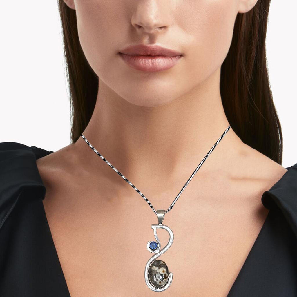 Ocean Jasper Tanzite Gemstone Mother's Day Silver Jewelry Pendant 2.75"
