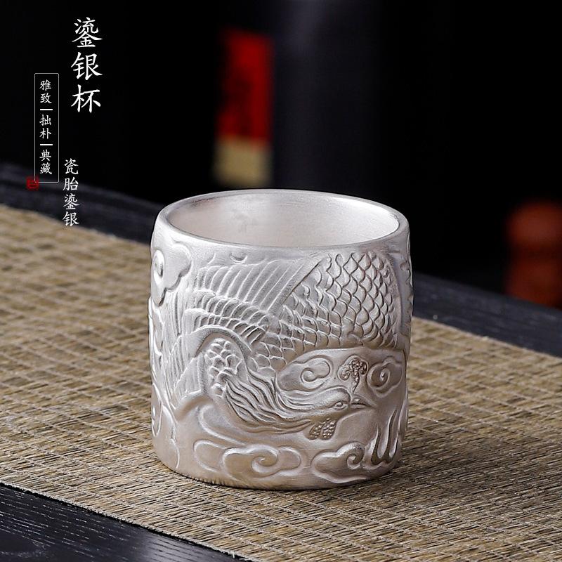 999 Pure Dragon and Phoenix Auspicious Pair Set, Gilded Silver Master Single Tea Cup Gift Box