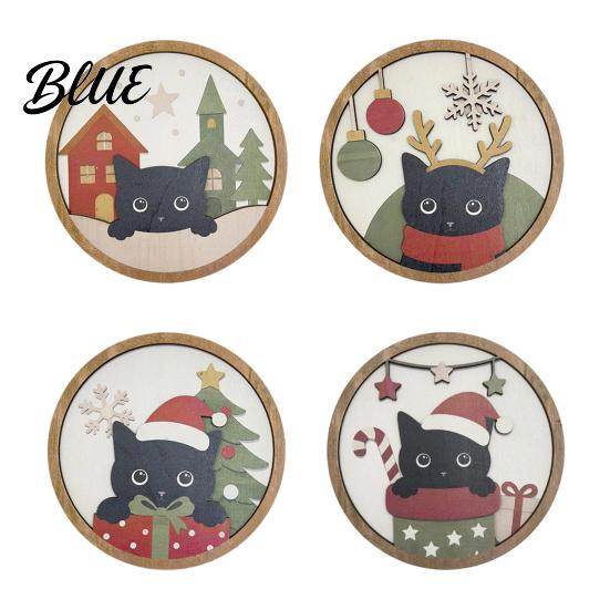 Holiday Wall Ornaments Christmas Black Cat Decor, Layered Wooden Hanging Sign, Round 2D Decorative Plaques Flat Art Decoration for Living Room Bedroom