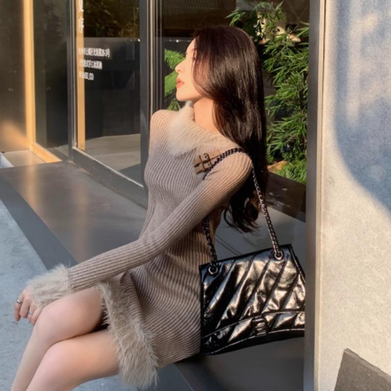 Rochie tricotată toamnă și iarnă pentru femei noi de înaltă calitate și minion un temperament care pulover solid tricotat pentru femei