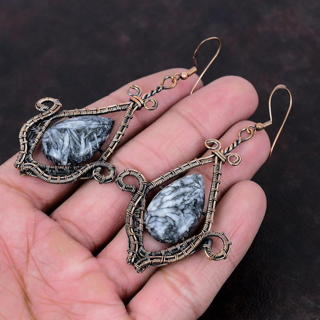 Brinco Pinolith Jasper Brincos Enrolados em Fio de Cobre Joias com Pedras Preciosas Brinco Elegante Feito à Mão Pinolith Jasper Joias de Cobre Presente de Casamento