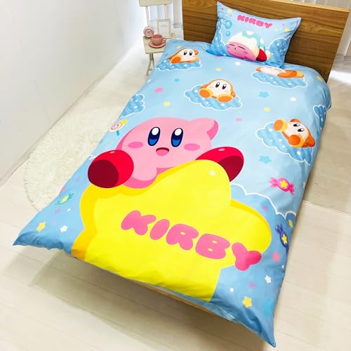 

MORIPiLO Kirby of the Stars Duvet Cover Set (Warp Star Sleep Waddle Dee Duvet Cover and Pillowcases) Soft Peach Skin Single Size 150x210cm Blue Cute B