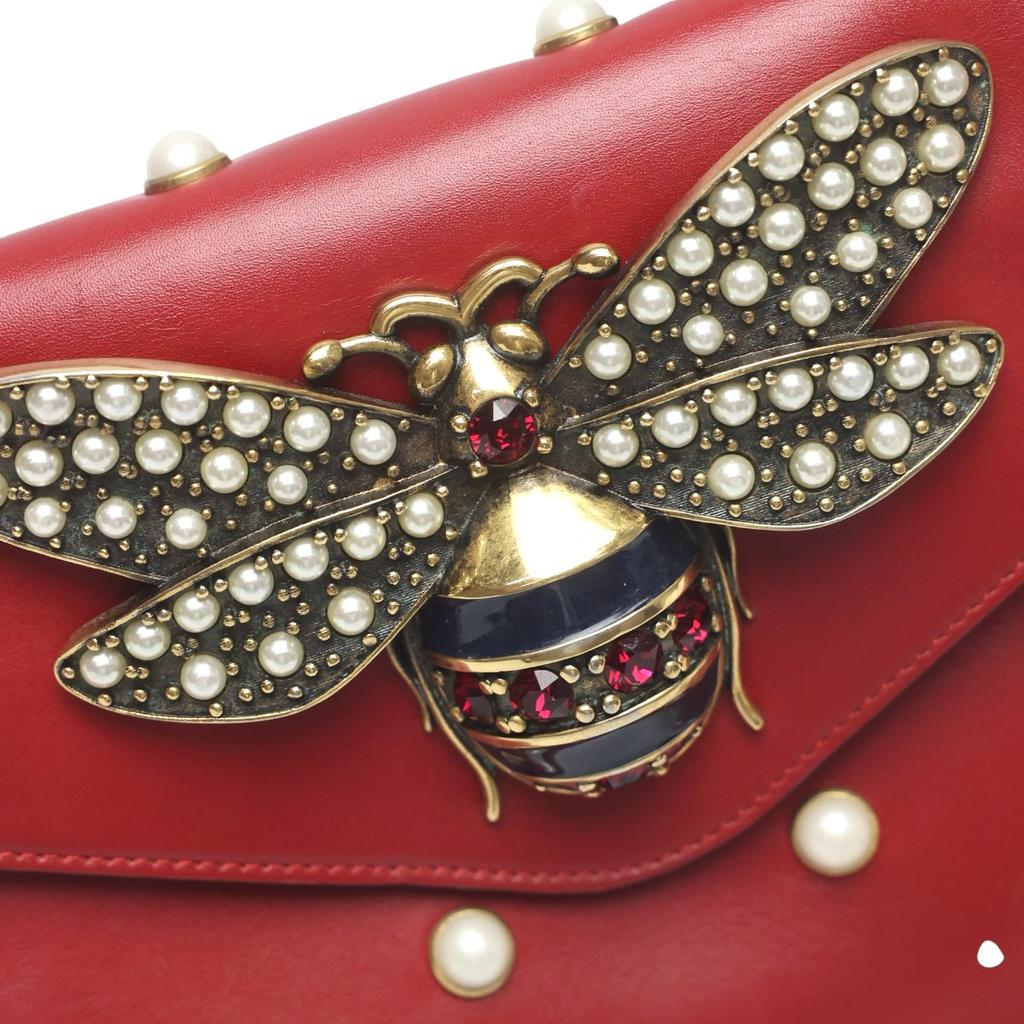 GUCCI 2WAY bag Broadway Pearl Bee Handbag leather Red Women 453778 Used