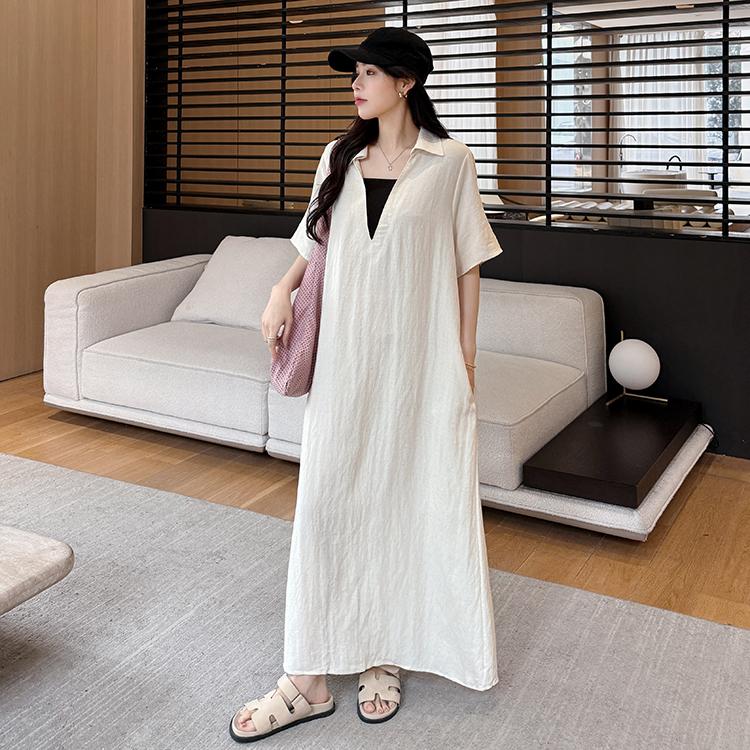 

DIMANAF 2025 Summer Plus Size Dress Women Vintage Shirt Dress Basic Long Elegant Casual Oversized Loose Dress 3XL абрикосовый