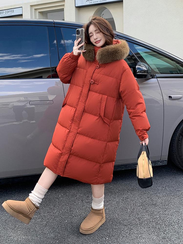 2026 Plus Size Women's Long Thickened Down Jacket with Fox Fur Collar, 200 Jin Capacity, Loose Fit, Extra Long Style