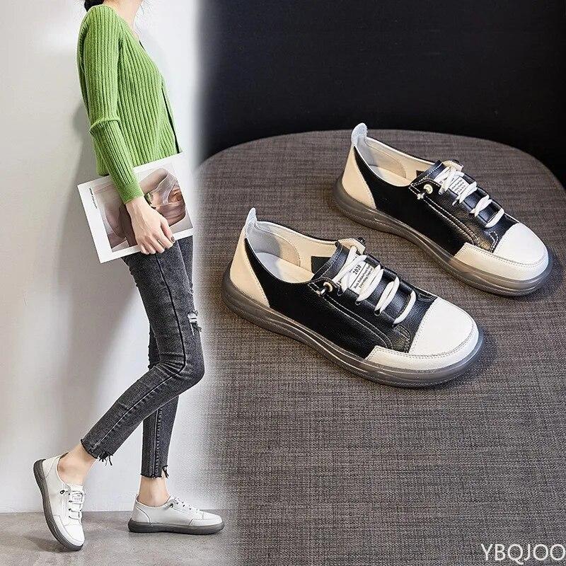 Genuine Leather Women's Flat Sneakers Large Size 35-41 Autumn Vulcanized Casual Shoes Comfortable Flats Ladies Footwear