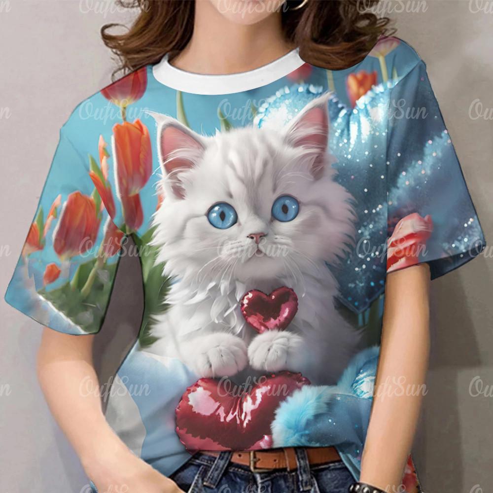 Women s Cat Pattern T-shirt Women s Clothing Rainbow T-shirt XS