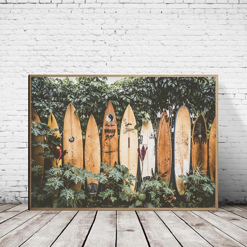 Tropical Summer Beach Shell Palm Tree Surfboard Poster Print Nordic Canvas Printing Wall Art Picture for Surfing Club Home Decor