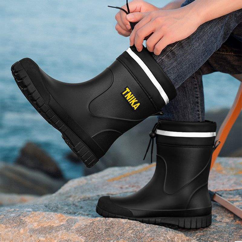 TNIKA Men's Short Rain Shoes Waterproof Saliva Shoes Medium Tube Non-slip Velvet Water Shoes Fashionable Fishing Rain Boots Wear-resistant