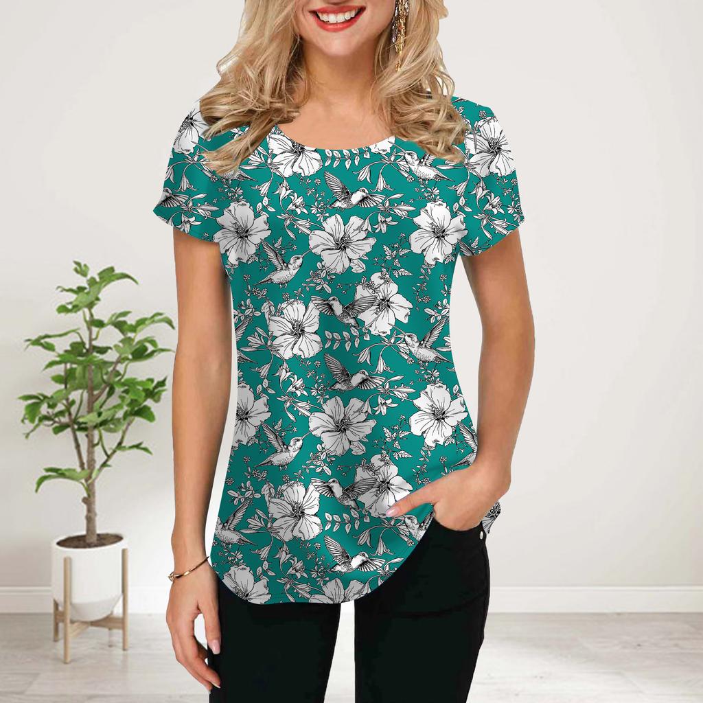 Women Summer T Shirt Orange Peony Print Short Sleeve Tees Casual Printed Tops