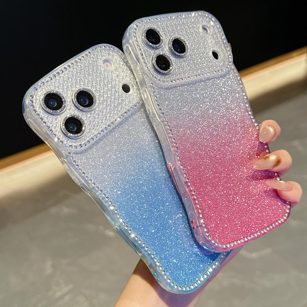 KEYSION Gradient Glitter Jewelled Phone Case for iPhone 16 17 Pro Max Air 16 Plus Wavy Border Lens Protector Shockproof Cover
