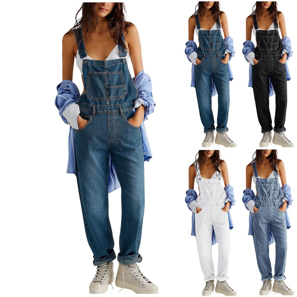 Women's Fashion Solid V-Neck Button Pocket Wash Denim Adjustable Strap Jumpsuit
