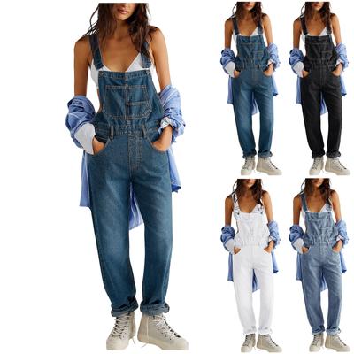 Damen Modischer Jumpsuit mit V-Ausschnitt, Knopfleiste, gewaschenem Denim und verstellbaren Trägern