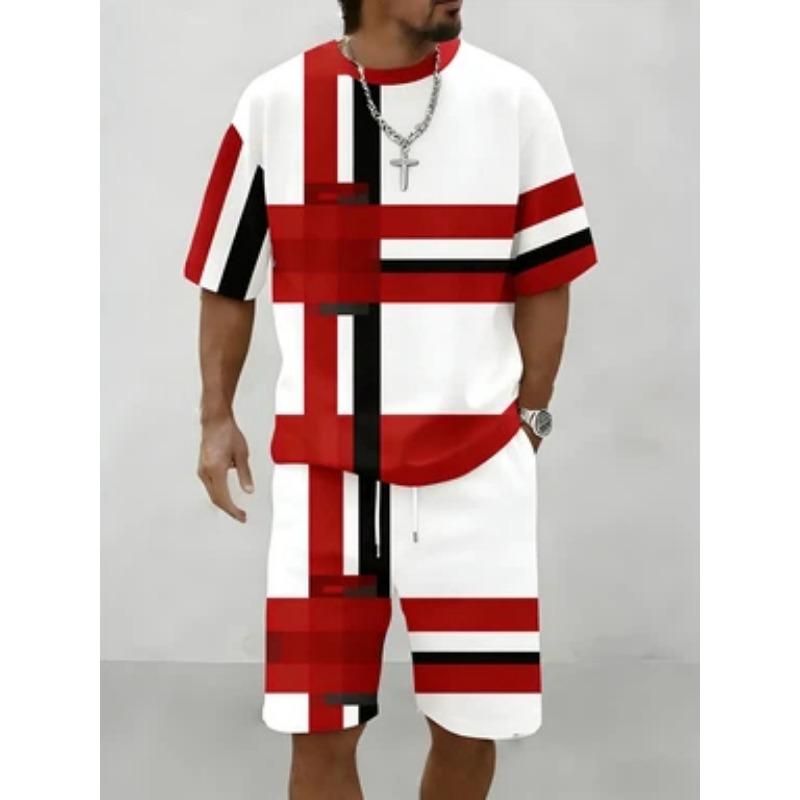 Men's blue and white geometric block patchwork short-sleeved T-shirt suit