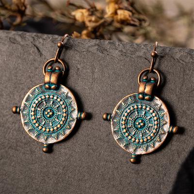 Wheel Shape Hanging Vintage Ethnic 1Pair Carving Women Girls Dangle Drop Earring India Engraved Golden Silver Exquesite Irregularity