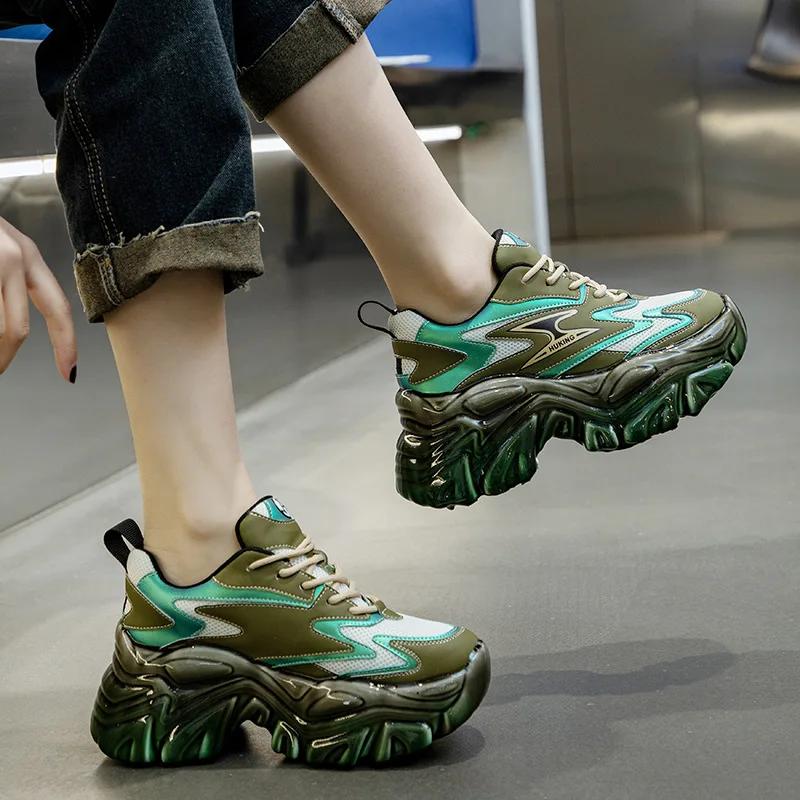 Fashion 7.5cm Air Mesh Synthetic Genuine Leather Women Platform Sneakers High Brand Shoes Vulcanize Summer Mixed Color Breathable