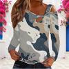Women Plus Size Asymmetric Cutout Neck Cold Shoulder Long Sleeve Printed Fitted Blouse