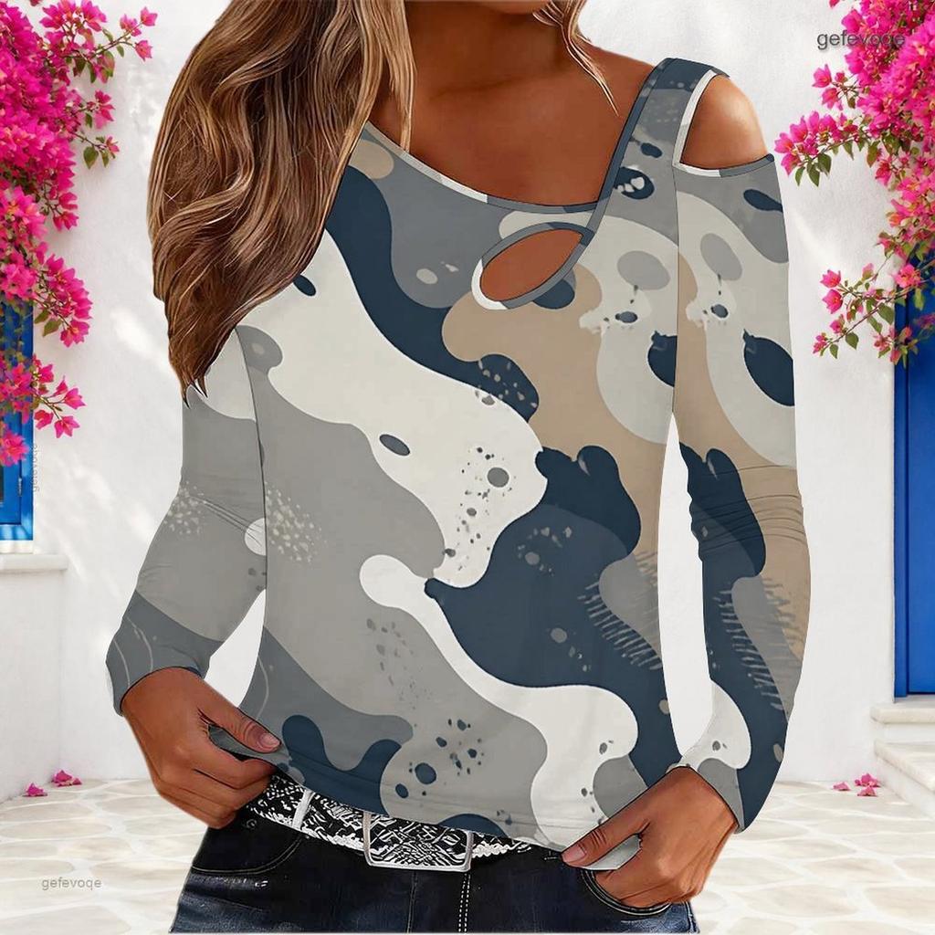 Women Plus Size Asymmetric Cutout Neck Cold Shoulder Long Sleeve Printed Fitted Blouse