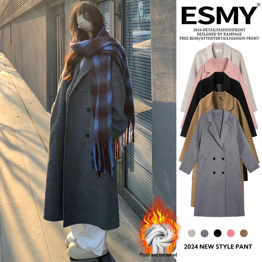 ESMY Women's Grey Woolen Trench Coat - Autumn/Winter Thick Padded Loose Overcoat