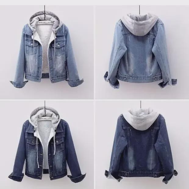 

2025 Women s Slim-Fit Hooded Denim Fleece-Lined Jacket - Korean Style, Spring/Autumn, Long-Sleeved, Short Student Top XL