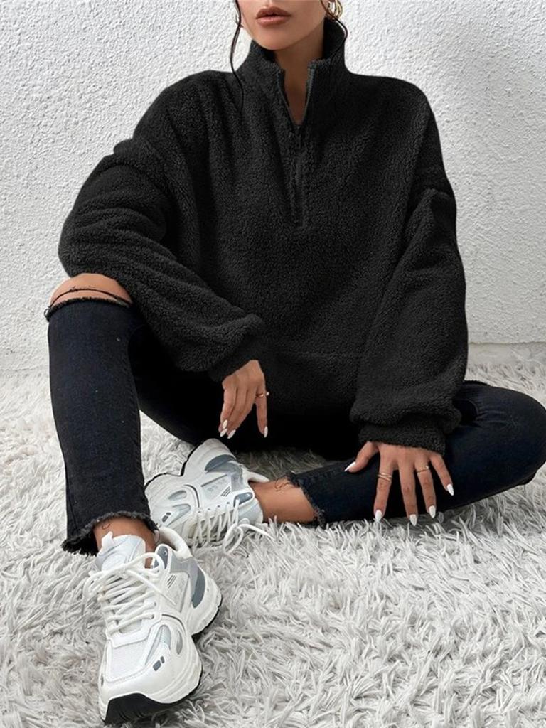 Damen-Sweatshirt mit Stehkragen, modischer einfarbiger Pullover, Sherpa, lässige Oberbekleidung