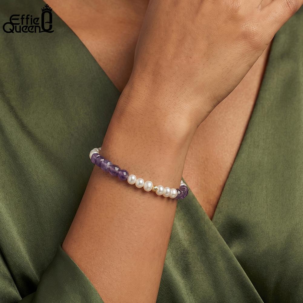 Effie Queen Purple Amethyst & White Freshwater Pearl Beaded Bracelet 925 Pure Silver Natural Amethyst Crystal Chain Hand MPB17