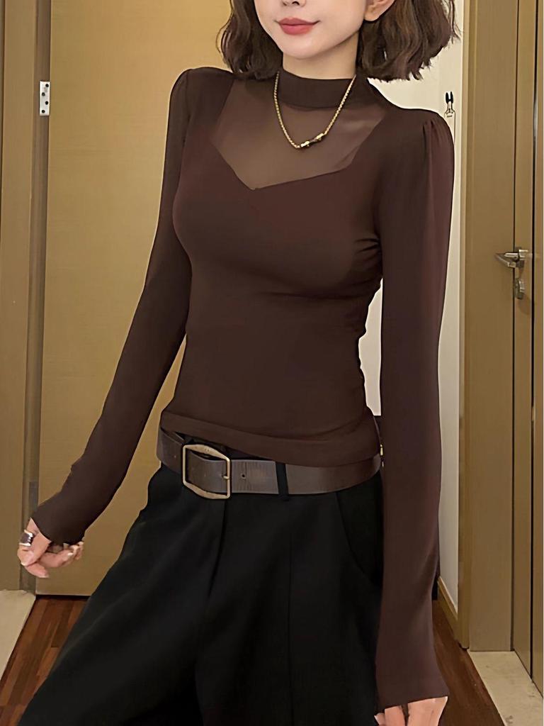 Plus Size Velvet Mesh Patchwork High Neck Long Sleeve Top for Women - Slimming & Versatile Fall/Winter Style for Curvy Figures