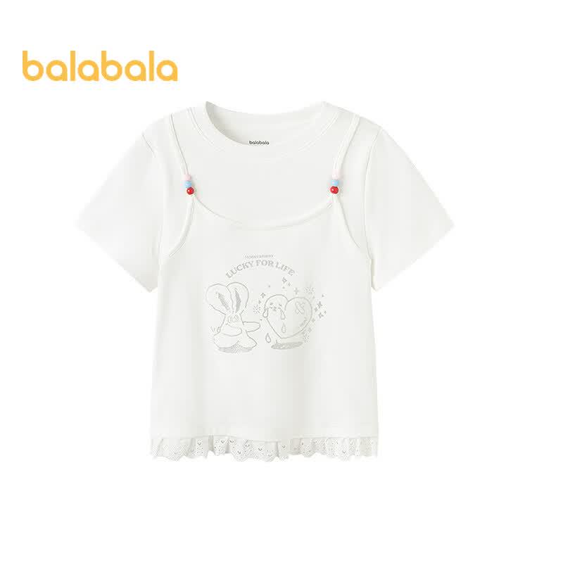 Balabala Girls' Faux Two-Piece Short Sleeve T-Shirt