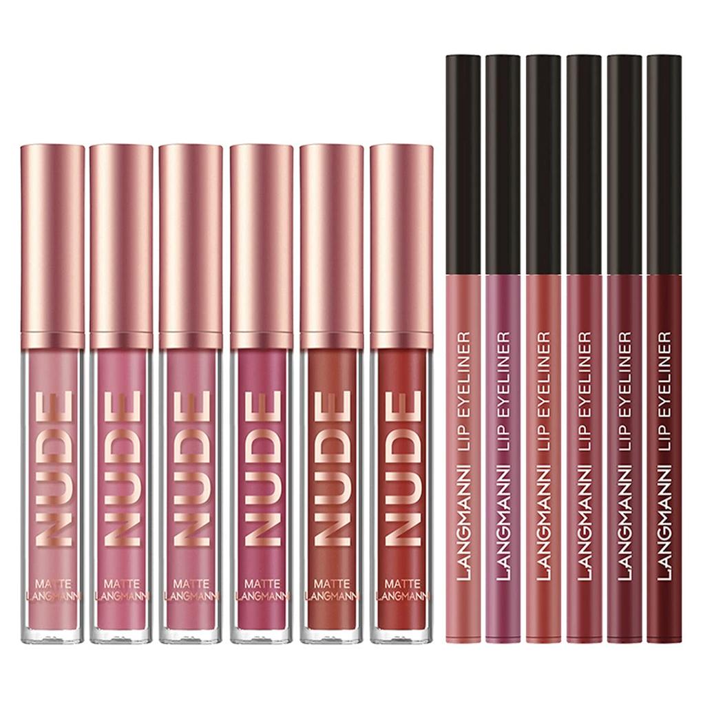 Lipstick Makeup Set 12pcs: 6 Velvet Matte Liquid Lipsticks + 6 Lip Liner Pencils, Waterproof Long-Lasting Pigment Lip Gloss Kit, Lip Makeup Gift