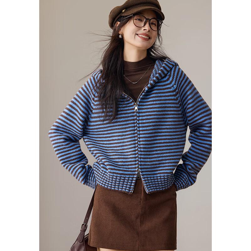 VICTORIA&VERA Women's Striped Hooded Zip-Up Knit Cardigan