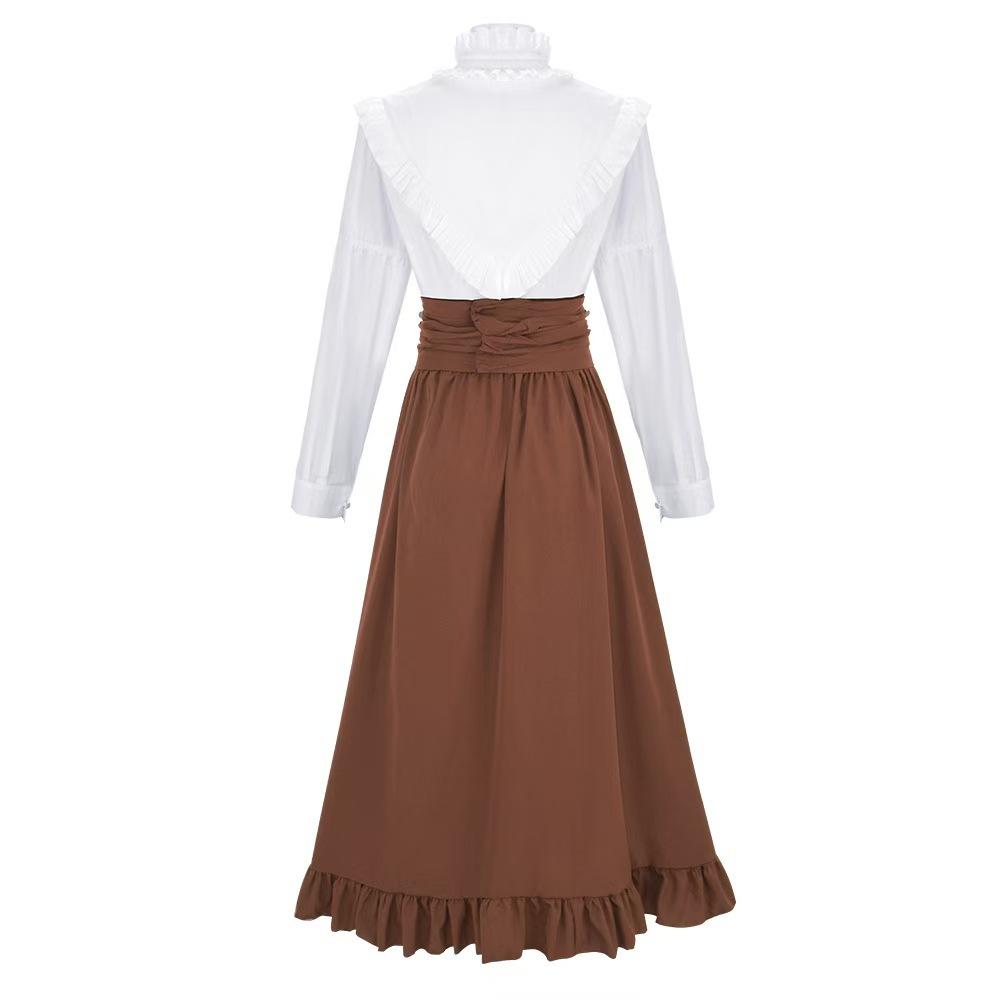 Vestido victoriano renacentista vintage, conjunto de camisa con cuello alto fruncido y falda, adecuado para cosplay, fiestas de té y eventos temáticos