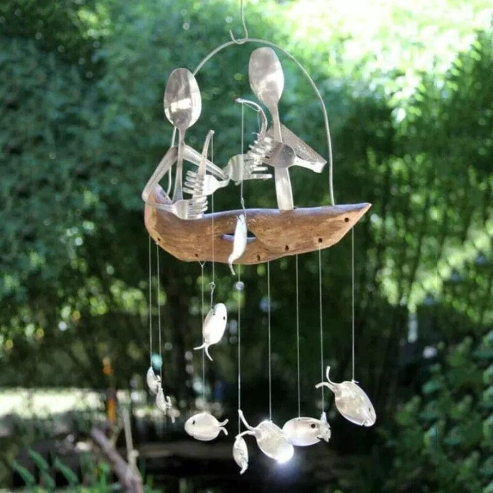 

Soft Sound Wooden Boat Fishing Sculptures Exquisite Hanging Windchime Outdoor