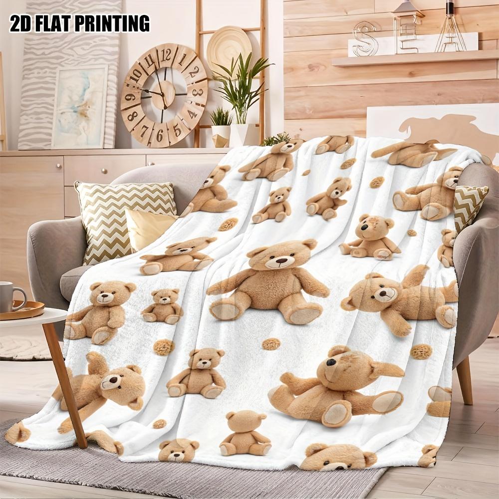 1Pc  Cute Brown Teddy Bear Print Flannel Throw Blanket Soft Cozy Warm Blanket For Bedroom Living Room Home Decor