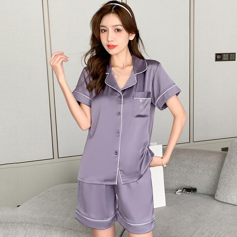 1011 new ins style pajamas women's summer simulated silk short-sleeved cardigan set live broadcast popular loose loungewear