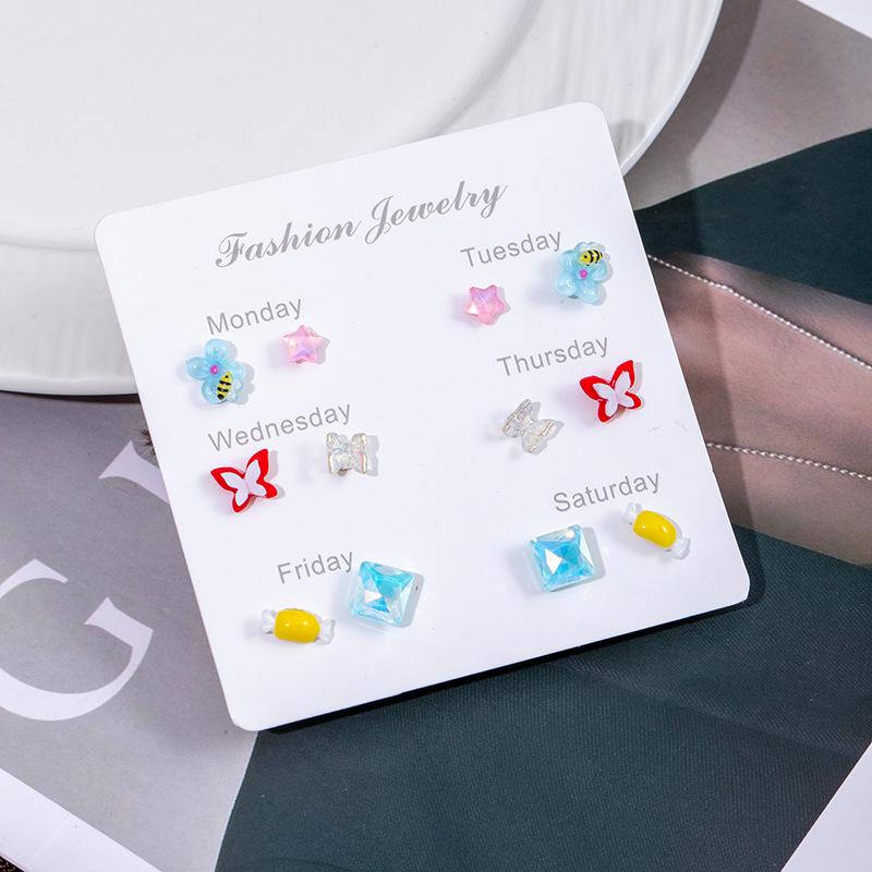Delicate Small Fresh Week Stud Earrings Set Cute Cartoon Candy Watermelon Butterfly Imitation Silver Needle Small Daily Earrings