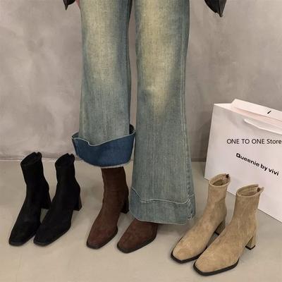 Hoge Hakken Dames Sneeuw Enkellaarsjes Suède Vierkante Neus Schoenen Winter Designer Chelsea Boots 2024 Trend Goth Gladiator Botas De Mujer
