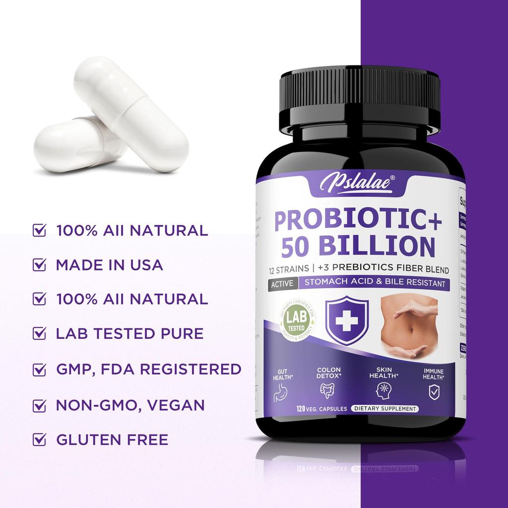 Probiotic 50 Billion CFU Enzyme Supplement, Capsule, 12 Strains with 3 Prebiotics, Digestive Health Support