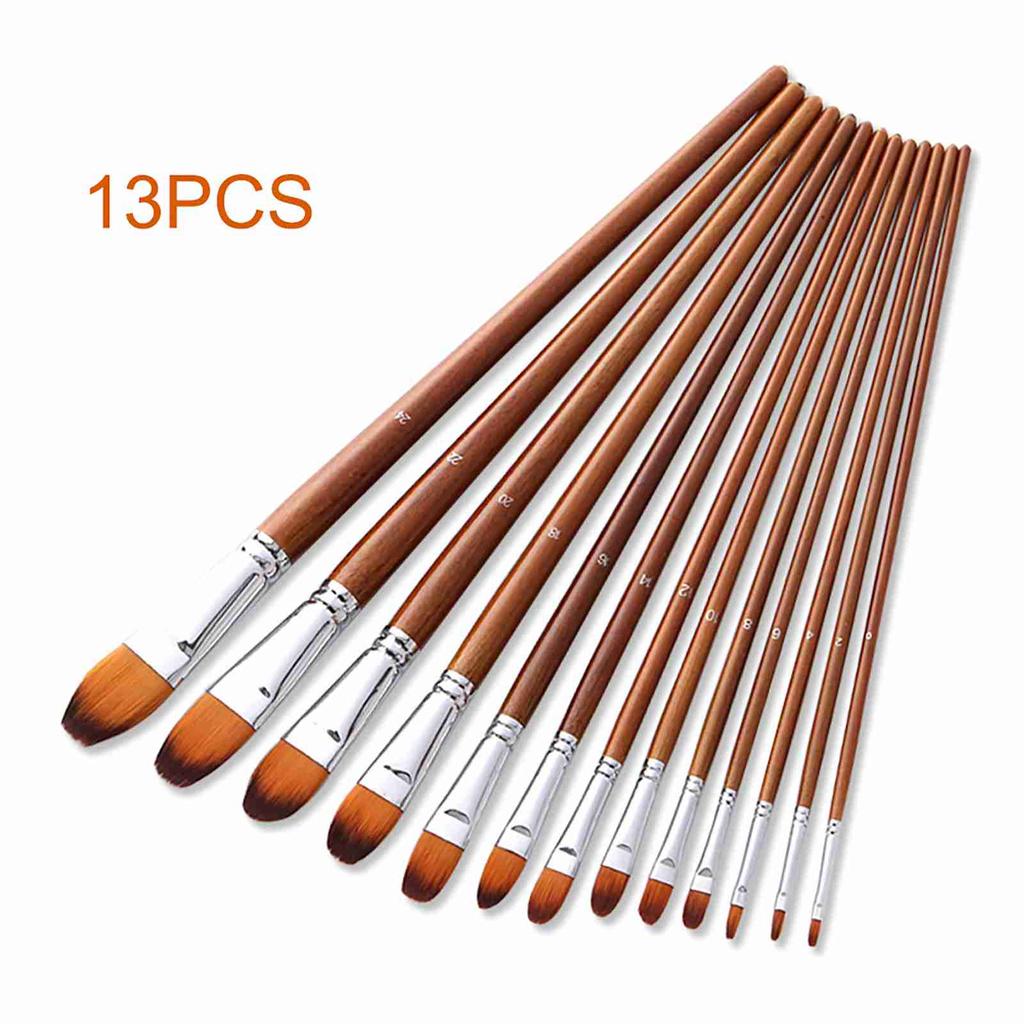 13pcs Professional Art Paint Brushes Set Long Wooden Handle Nylon Hair Paintbrush for Acrylic Oil Watercolor Gouache