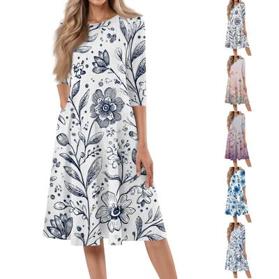 Women’s Casual Crewneck Three Quarter Sleeve Floral Print Midi Dress Relaxed Fit Mid Length Soft Fabric Dress