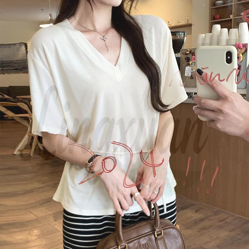 

V-Neck Soft, Skin-Friendly Short-Sleeve T-Shirt with Back Waist Tie - Women s Summer 2026 New Style Medium