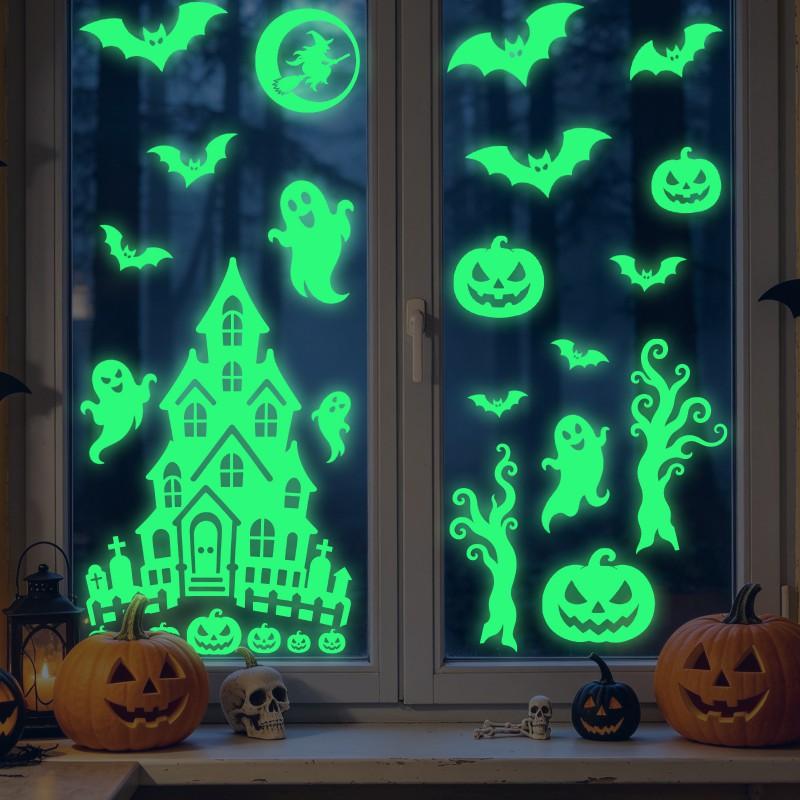Halloween Decor Fluorescent Static Cling Stickers Ghost Haunted House Glass Decals Party