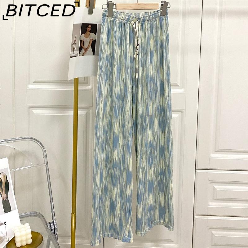 BITCED Vintage-Style Wide-Leg Trousers for Women Spring/Autumn Striped Tie-Dye High-Waisted Straight-Leg Casual Trousers with Drape