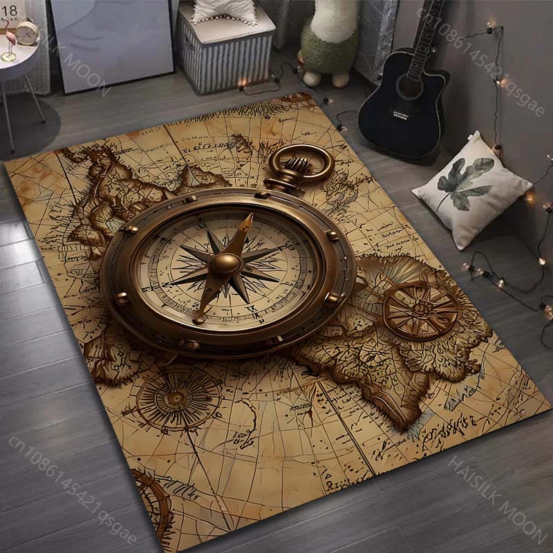 Vintage Map Compass Printing Carpet for Bedroom Living Room Bedside Sofa Floor Mat Modern Home Decor Area Rug Machine Wash